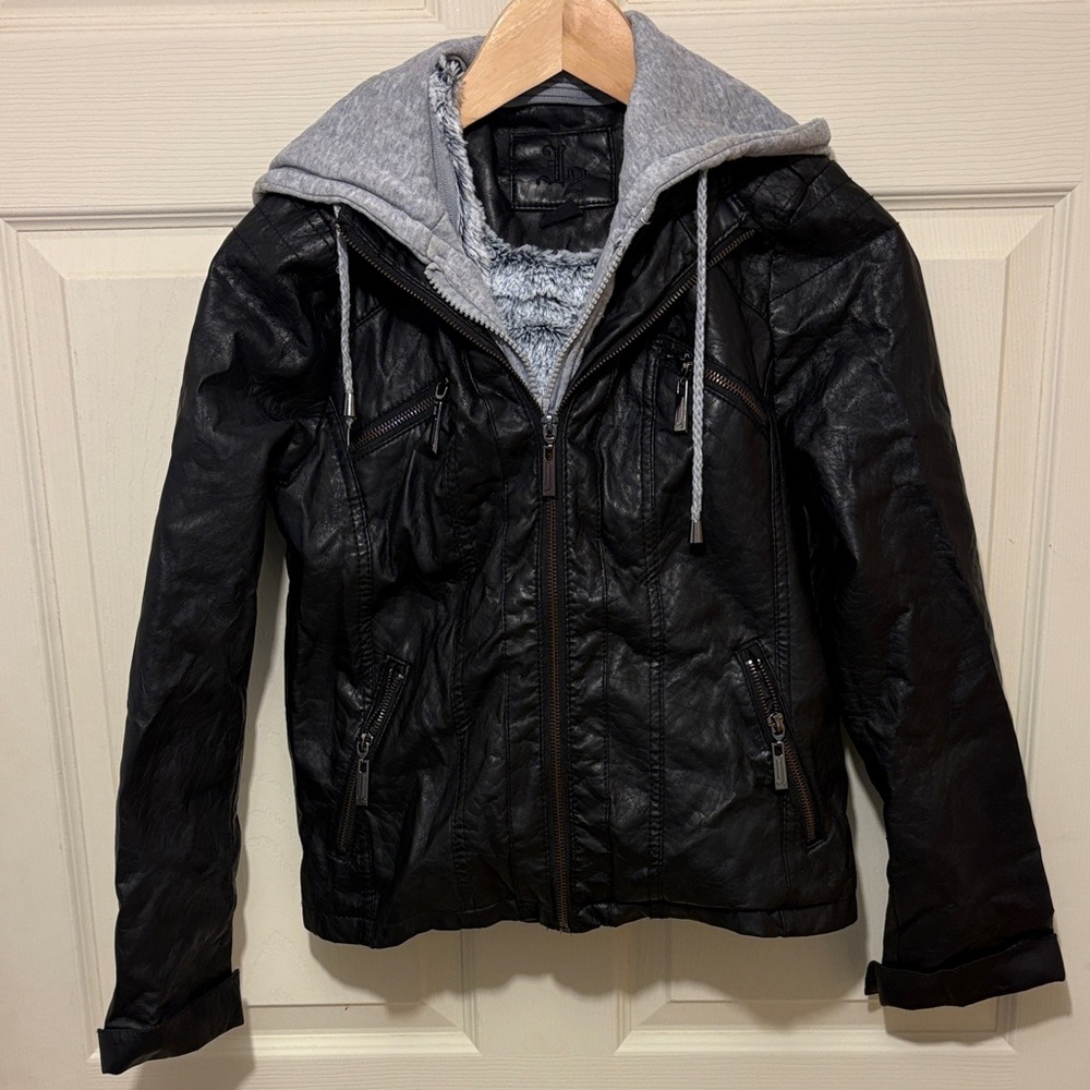 Black Faux Leather Jacket with Gray Hood